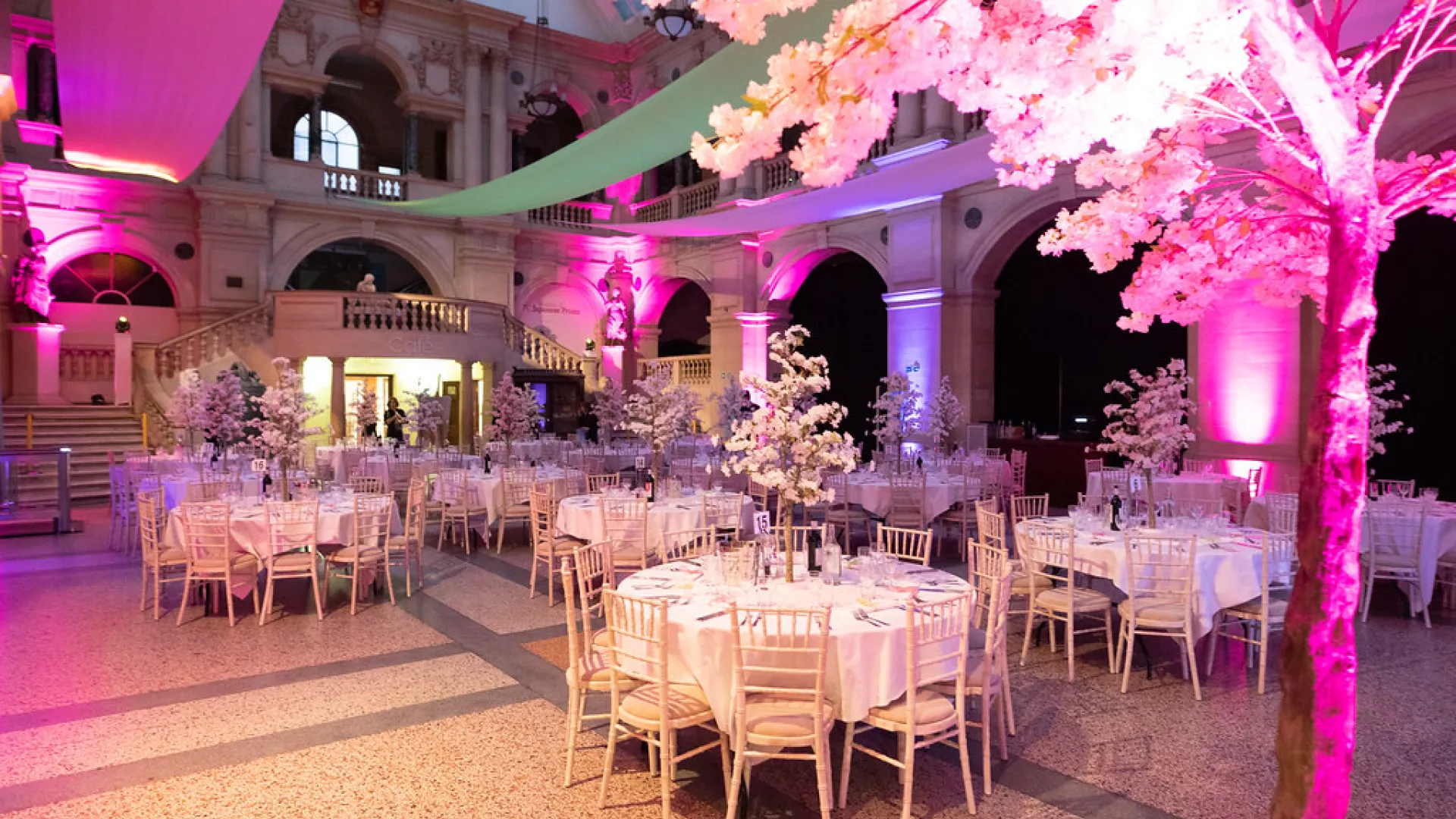 BMAG wedding room setup with trees